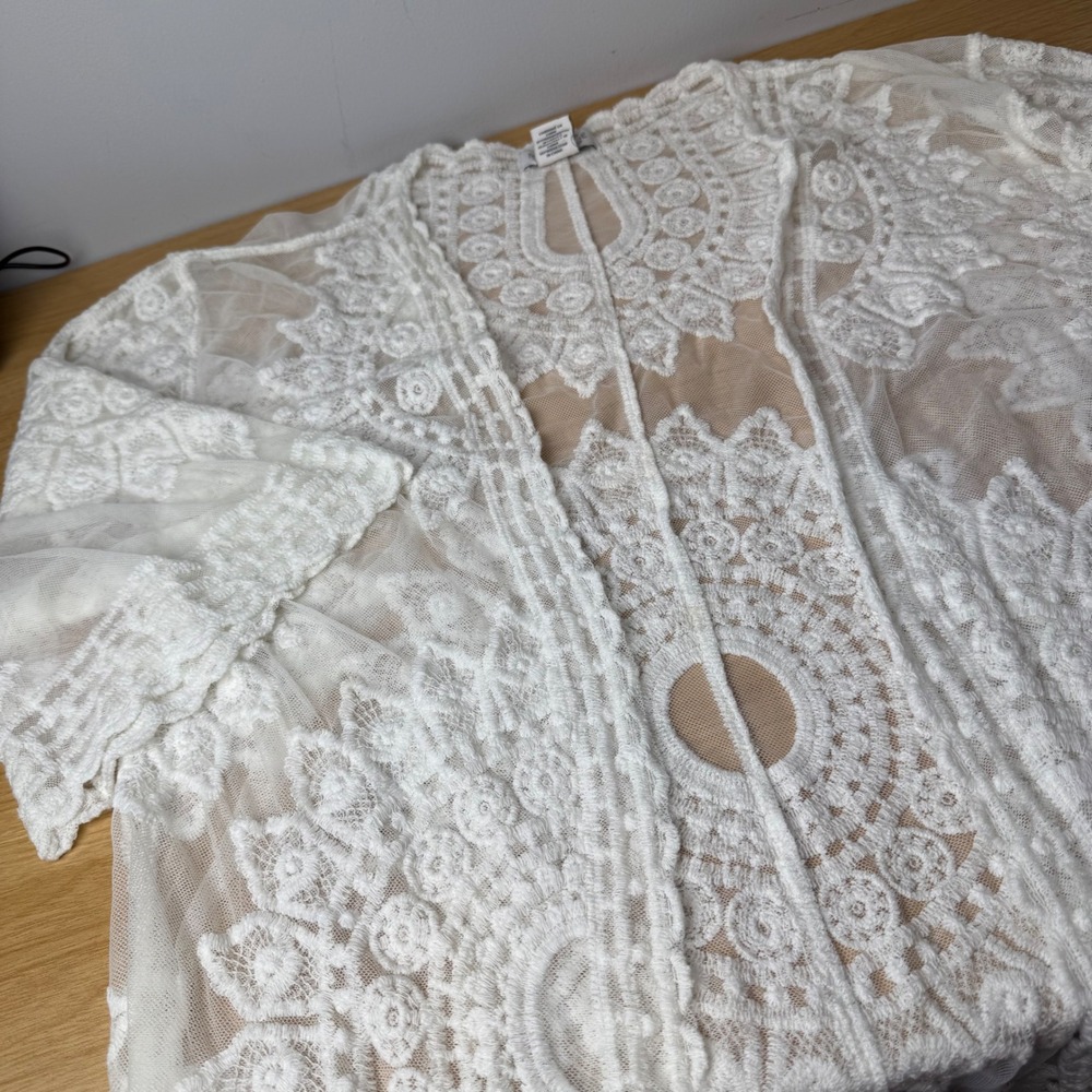 Rachel Zoe Lace Mesh Sheer Kimono Women One Size White Open Front Romantic Boho